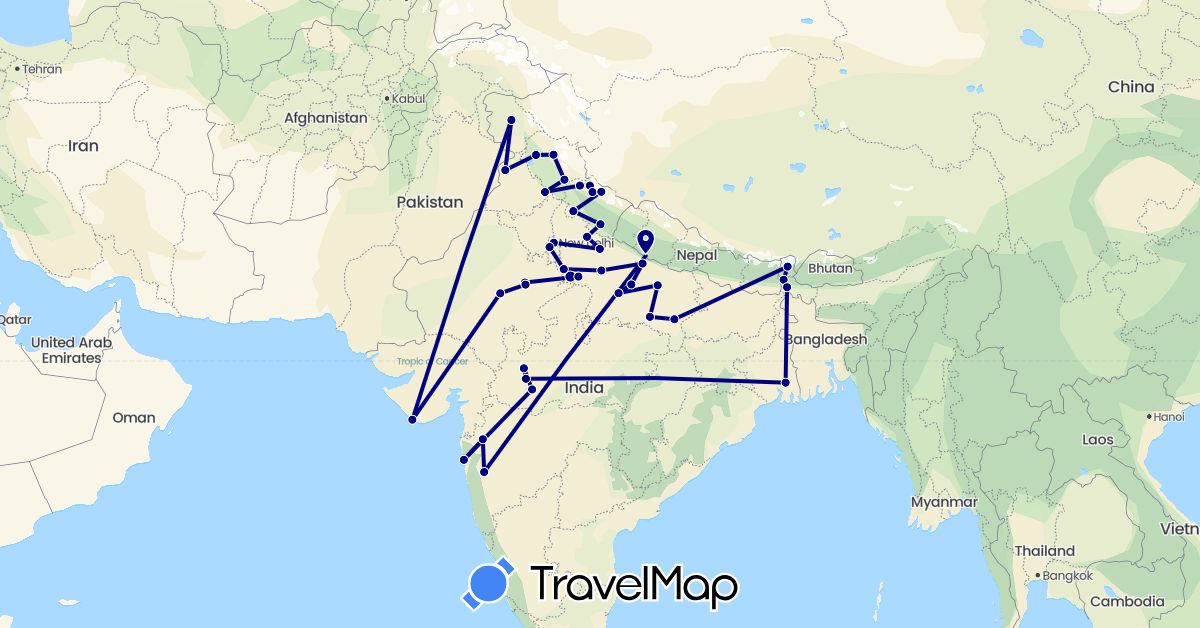 TravelMap itinerary: driving in India, Nepal (Asia)